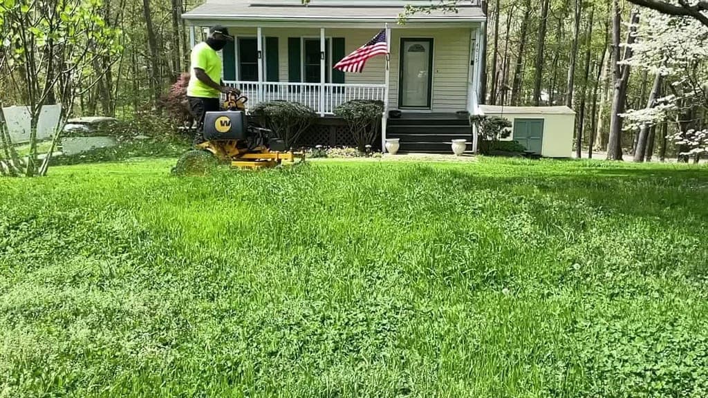Crew member mowing tall grass in front of a home with a flag on the porch